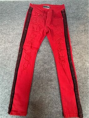 Decibel Jeans Men 32x32 Red Rhinestone Distressed Grunge Goth Rock